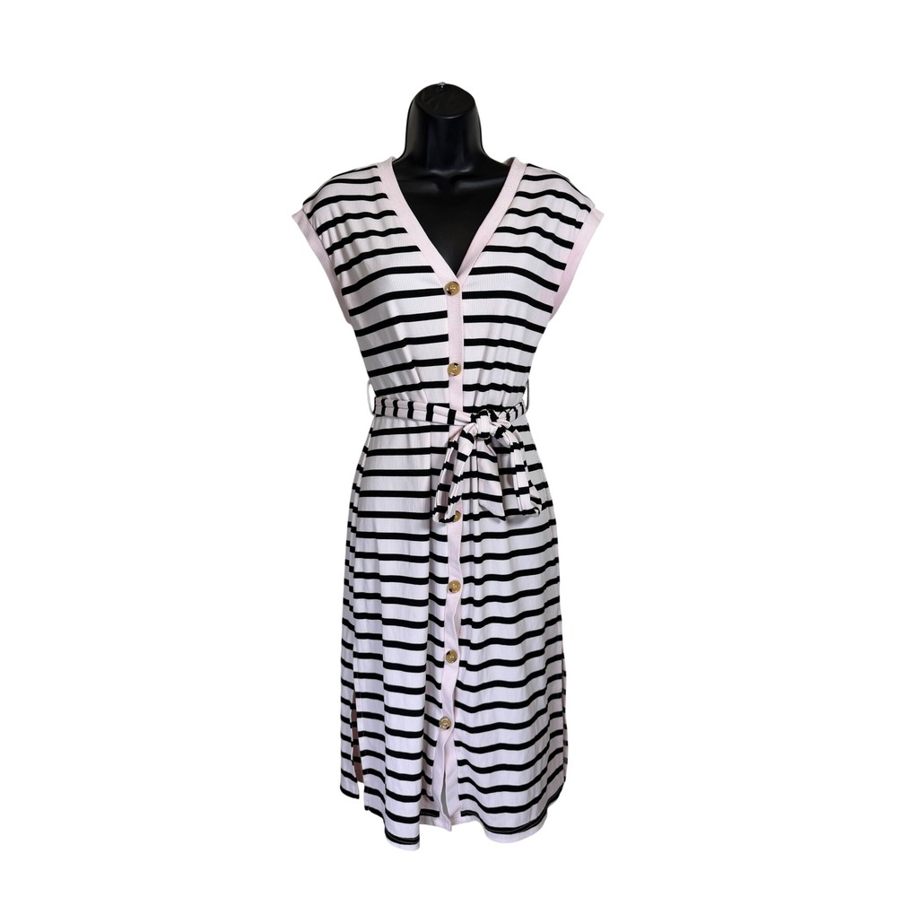 YOZY Coastal Striped Ribbed Knit Button Up Tie Waist Cap Sleeve Midi Dress